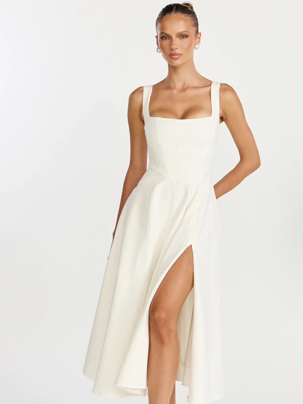 Showpo. Cream Square-Neck Midi Dress with High Side Slit